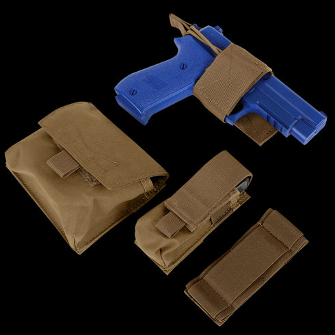 A Condor Pistol Case and three brown tactical pouches are arranged on a white background, ideal for law enforcement or first responder training scenarios.