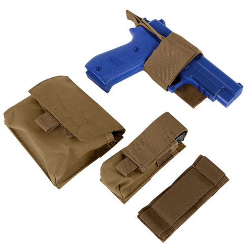 A Condor Pistol Case and three brown tactical pouches are arranged on a white background, ideal for law enforcement or first responder training scenarios.