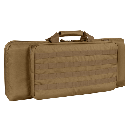 The Condor 28 Single Rifle Case is a tan, rectangular tactical case with a handle, front MOLLE webbing, and zippered compartments—perfect for EDC or military use.