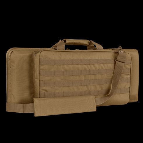 The Condor 28 Single Rifle Case is a tan tactical bag with top handle, adjustable shoulder strap, and exterior webbing—perfect for EDC fans or bushcraft gear transport.