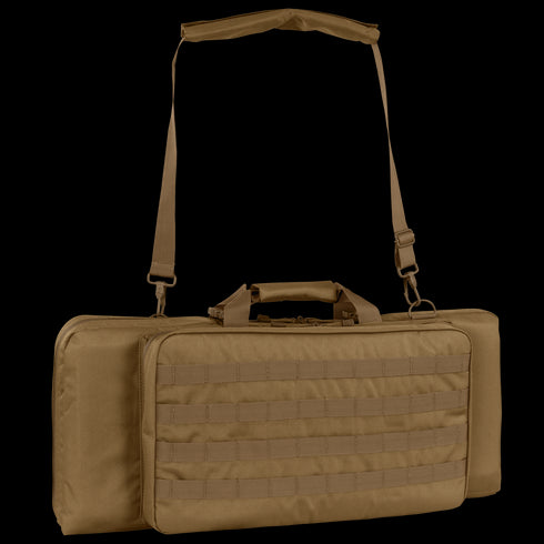 The Condor 28 Single Rifle Case is a brown tactical case with a shoulder strap, side handle, and front panel MOLLE webbing—ideal for military or first responders to carry and secure firearms and accessories.