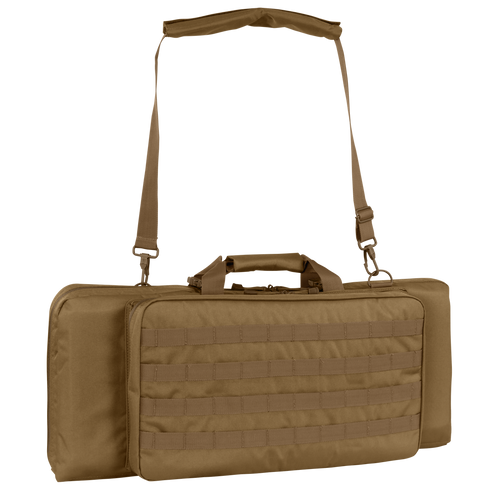 The Condor 28 Single Rifle Case is a brown tactical case with a shoulder strap, side handle, and front panel MOLLE webbing—ideal for military or first responders to carry and secure firearms and accessories.