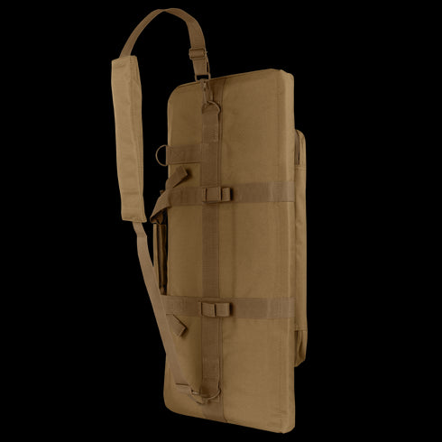 The Condor 28 Single Rifle Case, shown upright on its side, features brown padding, buckles, and an adjustable shoulder strap—ideal for bushcraft or EDC use.