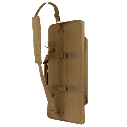The Condor 28 Single Rifle Case, shown upright on its side, features brown padding, buckles, and an adjustable shoulder strap—ideal for bushcraft or EDC use.