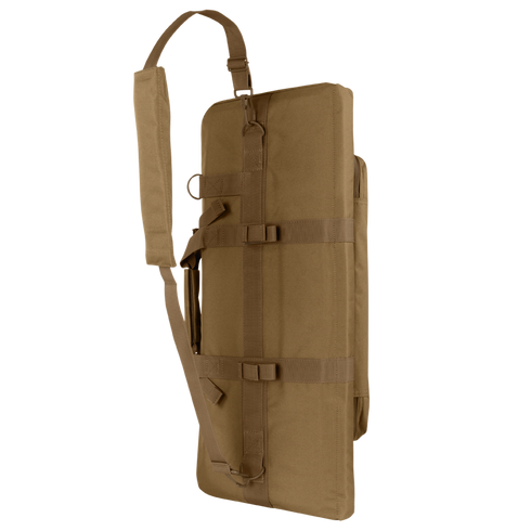 The Condor 28 Single Rifle Case, shown upright on its side, features brown padding, buckles, and an adjustable shoulder strap—ideal for bushcraft or EDC use.