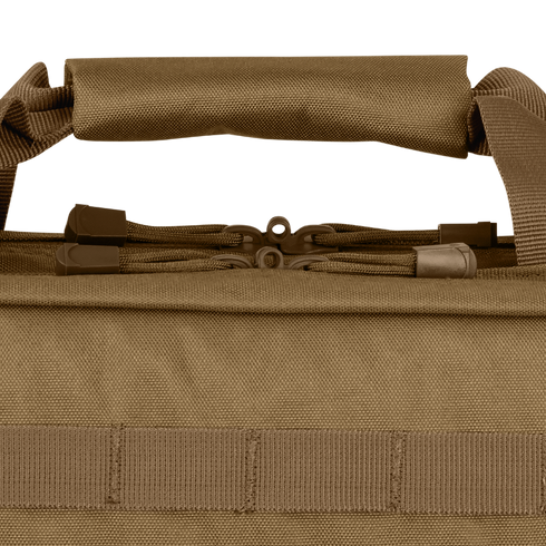Close-up of the Condor 28 Single Rifle Case handle: brown fabric, dual zippers, sturdy stitching, and webbing loops—crafted for durability and functionality, perfect for EDC or bushcraft enthusiasts.