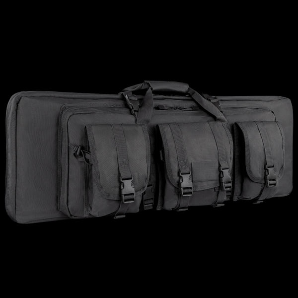 The Condor 36 Double Rifle Case, a black tactical bag with three front pockets, carrying handles, and buckle closures, is designed for military or first responder use and displayed against a white background.