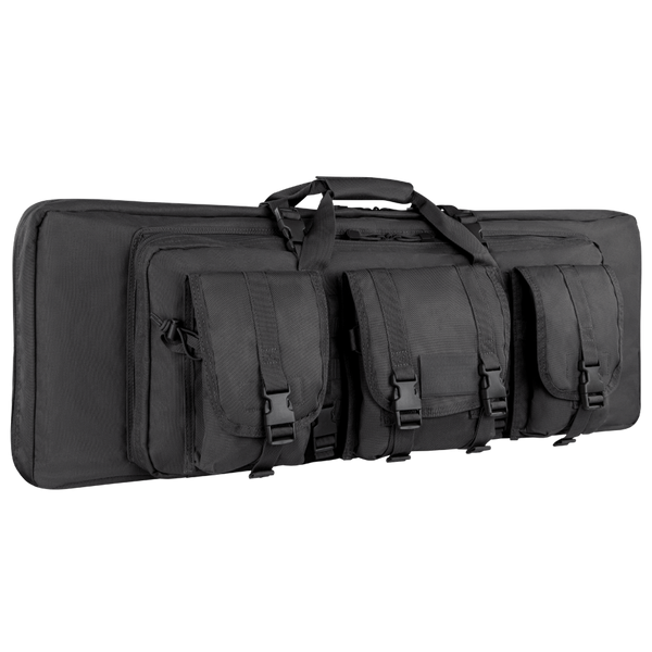 The Condor 36 Double Rifle Case, a black tactical bag with three front pockets, carrying handles, and buckle closures, is designed for military or first responder use and displayed against a white background.