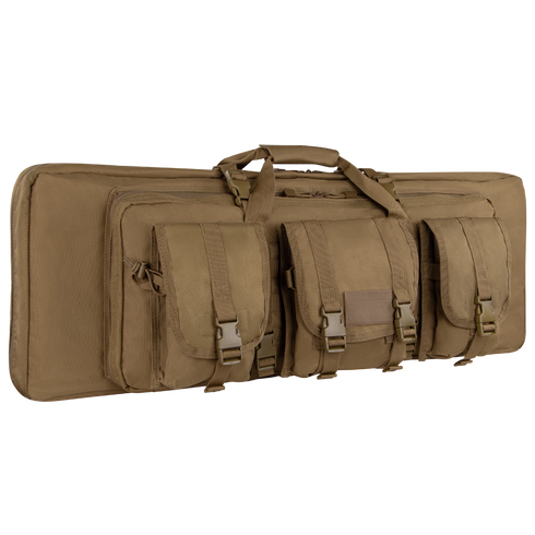 The Condor 36 Double Rifle Case in tan features three exterior pouches and carrying handles, making it ideal for law enforcement and first responders.