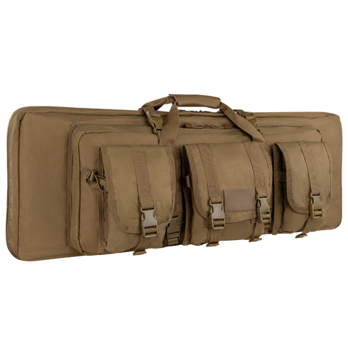 The Condor 36 Double Rifle Case in tan features three exterior pouches and carrying handles, making it ideal for law enforcement and first responders.