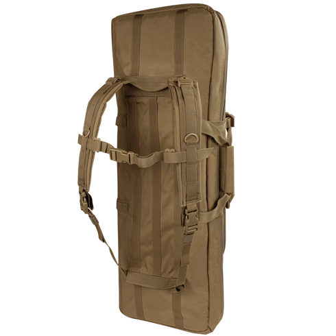 The Condor 36" Double Rifle Case in tan features padded shoulder straps, a sternum strap, and multiple exterior attachment points, shown standing upright against a white background.