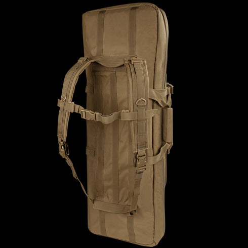 The Condor 36 Double Rifle Case in tan features backpack straps, side handles, and multiple compartments, designed for first responders or law enforcement, shown upright against a white background.