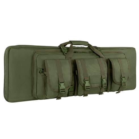 The Condor 46 Double Rifle Case in olive green features three front pouches, carrying handles, and durable zippers—ideal for law enforcement or first responders. On sale now!.