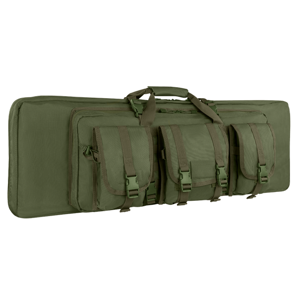 The Condor 46 Double Rifle Case in olive green features three front pouches, carrying handles, and durable zippers—ideal for law enforcement or first responders. On sale now!.