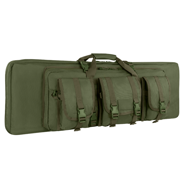 The Condor 46 Double Rifle Case in olive green features three front pouches, carrying handles, and durable zippers—ideal for law enforcement or first responders. On sale now!.