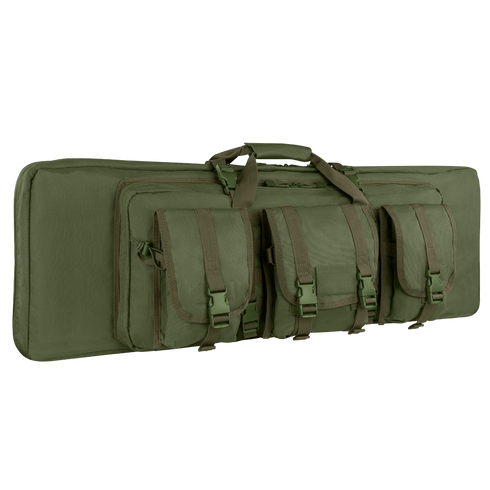 The Condor 42 Double Rifle Case in olive green features three front pouches, zipper closures, and carrying handles—perfect for bushcraft adventures or trips to the shooting range.