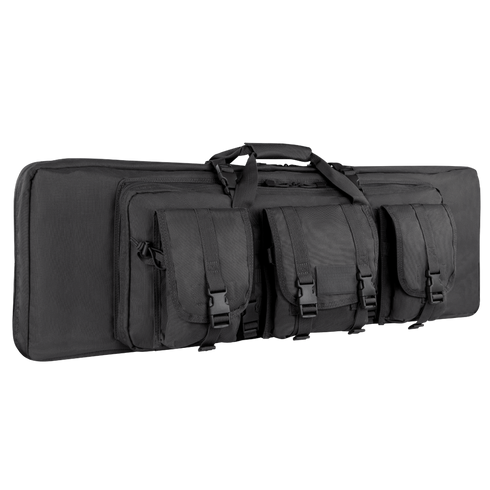 The Condor 42 Double Rifle Case, shown in black with three external pouches, two handles, and buckle closures, is ideal for EDC or range trips—featured here against a white background.