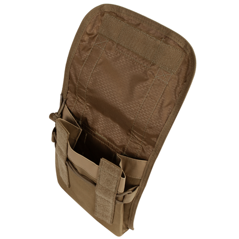 Angled top view of the Condor 36" Double Rifle Case in tan, featuring multiple compartments and Velcro closures.