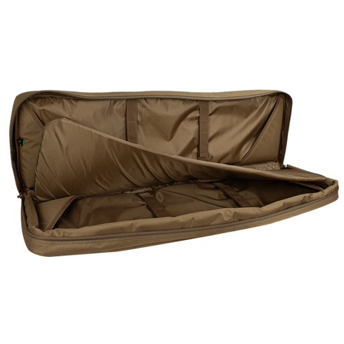 The Condor 42 Double Rifle Case features a brown, soft-sided design with padded interior compartments and securing straps—ideal for military and law enforcement professionals.