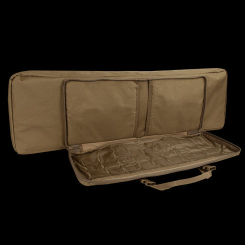 The Condor 42 Double Rifle Case is a brown, soft-sided rectangular carrier with two inner pockets and a zippered panel—shown open—ideal for first responders or military use.