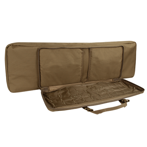 The Condor 42 Double Rifle Case is a brown, soft-sided rectangular carrier with two inner pockets and a zippered panel—shown open—ideal for first responders or military use.