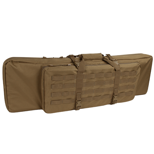 The Condor 42 Double Rifle Case in tan features multiple compartments, MOLLE webbing, and carrying handles—ideal for EDC or range trips—shown against a white background.
