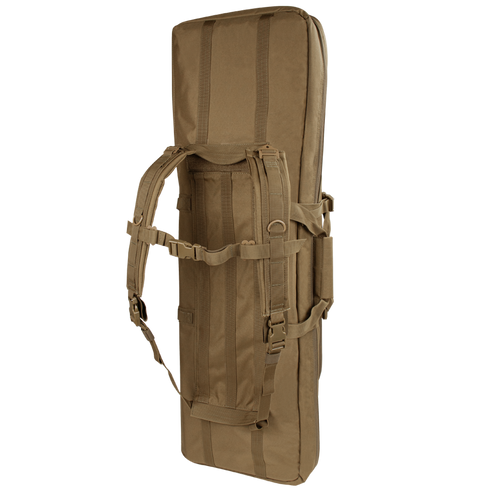 The Condor 42 Double Rifle Case is a tan, rectangular bag with backpack straps and handles, shown standing upright—ideal for law enforcement or first responders.