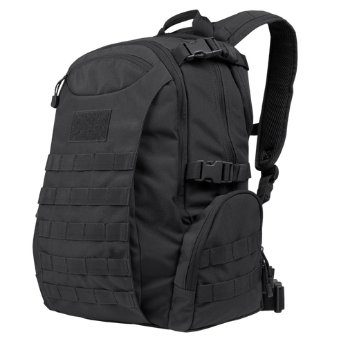 The Condor Commuter Backpack 26L is a black tactical pack featuring multiple compartments, MOLLE webbing, adjustable straps, and a top handle—perfect for bushcraft or trips to the shooting range.