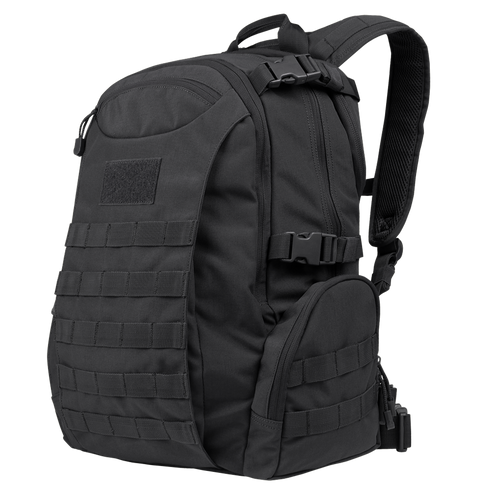 The Condor Commuter Backpack 26L is a black tactical pack featuring multiple compartments, MOLLE webbing, adjustable straps, and a top handle—perfect for bushcraft or trips to the shooting range.