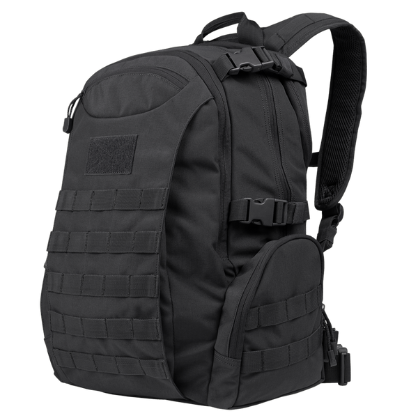 The Condor Commuter Backpack 26L is a black tactical pack featuring multiple compartments, MOLLE webbing, adjustable straps, and a top handle—perfect for bushcraft or trips to the shooting range.