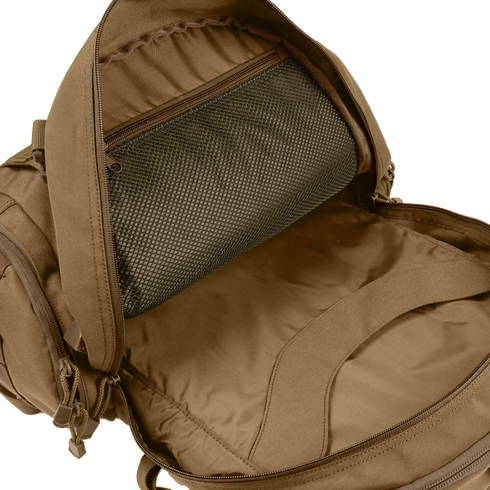 The Condor Commuter Backpack 26L is open to display interior compartments, featuring a mesh zippered pocket and padded section, with no contents inside.