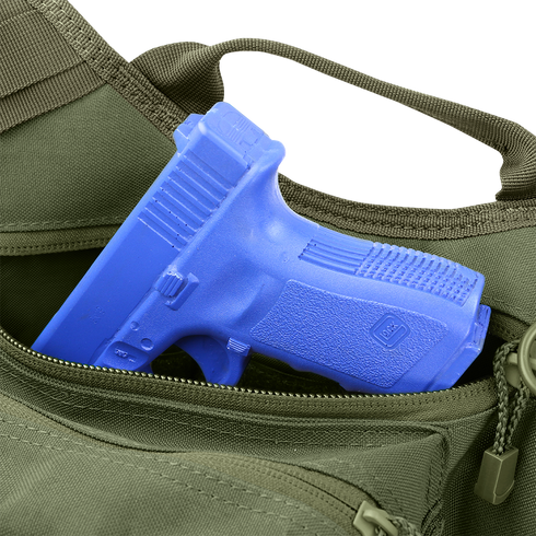 A blue plastic training gun is partially visible inside an open green Condor EDC Bag.