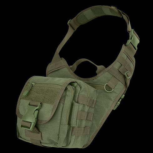The Condor EDC Bag in Olive Drab features multiple compartments, an adjustable strap, buckle closures, and webbing for attachments—perfect for organizing your essentials.