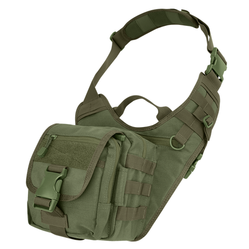 The Condor EDC Bag in Olive Drab features multiple compartments, an adjustable strap, buckle closures, and webbing for attachments—perfect for organizing your essentials.