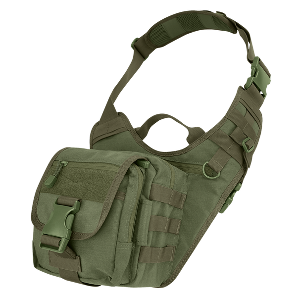 The Condor EDC Bag in Olive Drab features multiple compartments, an adjustable strap, buckle closures, and webbing for attachments—perfect for organizing your essentials.