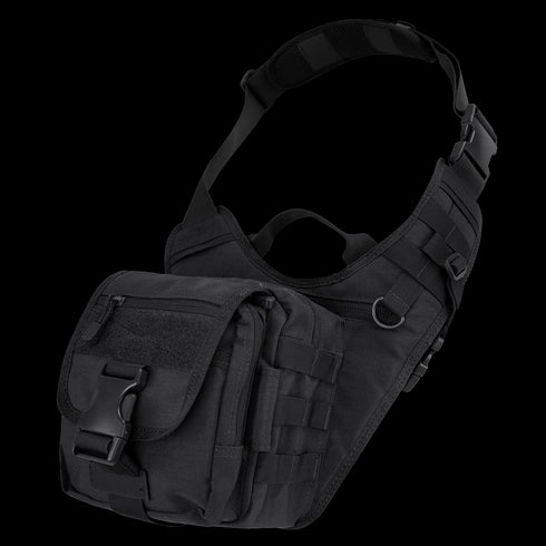 The Condor EDC Bag is a black tactical shoulder sling with multiple compartments, MOLLE webbing, an adjustable padded strap, and a large front buckle—perfect for law enforcement or first responders.