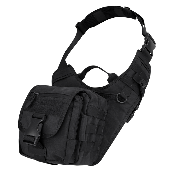 The Condor EDC Bag is a black tactical shoulder sling with multiple compartments, MOLLE webbing, an adjustable padded strap, and a large front buckle—perfect for law enforcement or first responders.