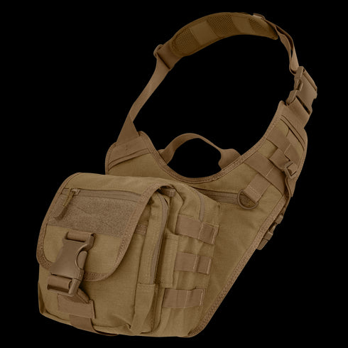 The Condor EDC Bag is a brown tactical sling bag with multiple compartments, adjustable padded strap, buckle closure, and MOLLE webbing—perfect for military or law enforcement use.