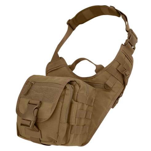 The Condor EDC Bag is a brown tactical sling bag with multiple compartments, adjustable padded strap, buckle closure, and MOLLE webbing—perfect for military or law enforcement use.