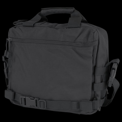 The Condor E & E Bag 9L is a black tactical shoulder bag featuring multiple compartments, zippers, straps, and a top handle—ideal for bushcraft or range trips—shown against a plain background.