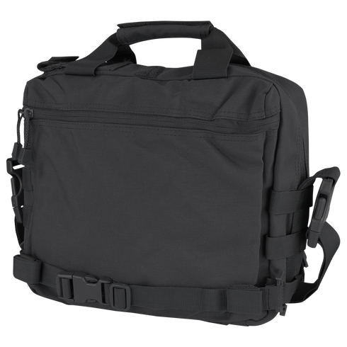 The Condor E & E Bag 9L is a black tactical shoulder bag featuring multiple compartments, zippers, straps, and a top handle—ideal for bushcraft or range trips—shown against a plain background.