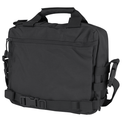 The Condor E & E Bag 9L is a black tactical shoulder bag featuring multiple compartments, zippers, straps, and a top handle—ideal for bushcraft or range trips—shown against a plain background.