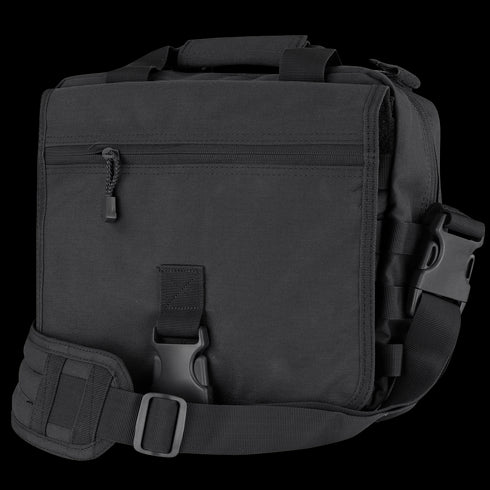 The Condor E & E Bag 9L is a black messenger bag featuring a zippered front pocket, buckle closure, adjustable shoulder strap, and top handle—ideal for law enforcement or transporting gear to the range.