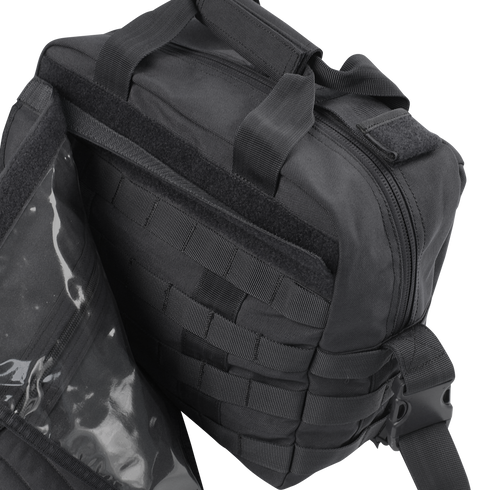 The Condor E & E Bag 9L is a black tactical bag featuring multiple compartments, zippers, webbing, and a clear plastic inner pocket—ideal for EDC or law enforcement use.