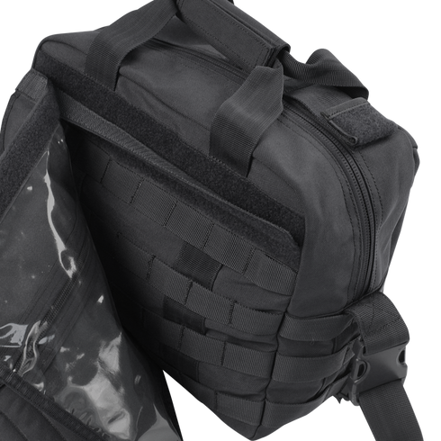 The Condor E & E Bag 9L is a black tactical bag featuring multiple compartments, zippers, webbing, and a clear plastic inner pocket—ideal for EDC or law enforcement use.