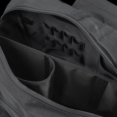 The Condor E & E Bag 9L opens to reveal an organized interior with dividers, elastic loops, and compartments—perfect for securely storing gear for law enforcement or bushcraft essentials.
