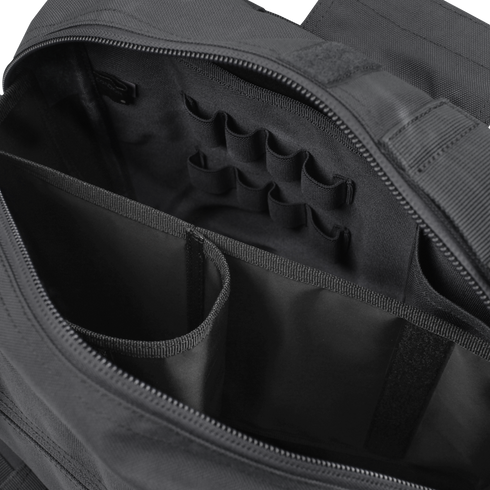The Condor E & E Bag 9L opens to reveal an organized interior with dividers, elastic loops, and compartments—perfect for securely storing gear for law enforcement or bushcraft essentials.