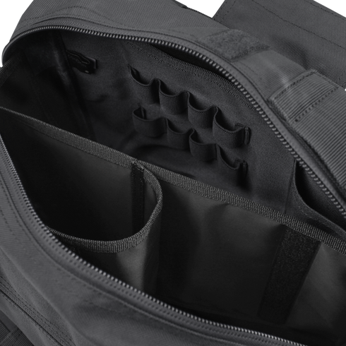 The Condor E & E Bag 9L opens to reveal an organized interior with dividers, elastic loops, and compartments—perfect for securely storing gear for law enforcement or bushcraft essentials.