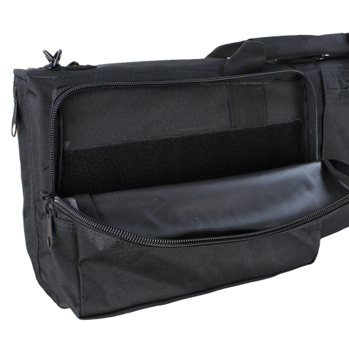 The Condor 38" Rifle Case | SALE is shown in black fabric with its zippered compartment open, revealing an empty interior lined with black material.