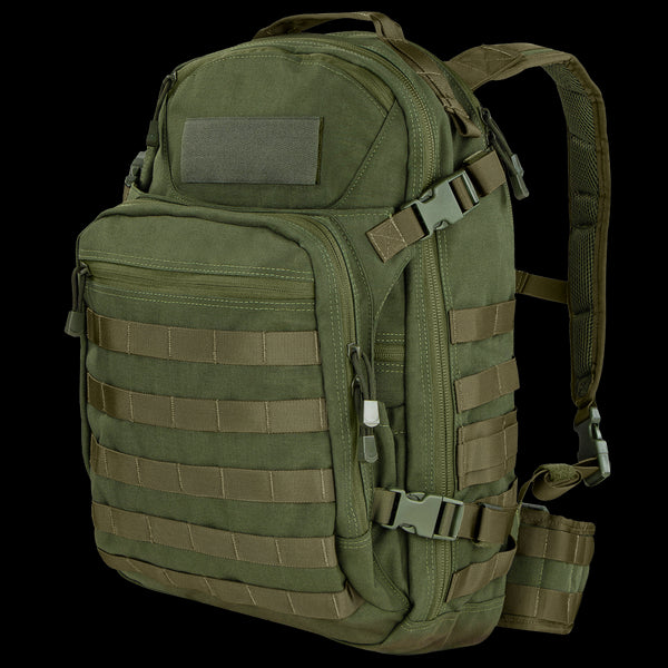 The Condor Venture Backpack 27.5L in olive green, featuring multiple compartments, MOLLE webbing, and adjustable shoulder straps—perfect for military or first responders—is shown angled on a white background.
